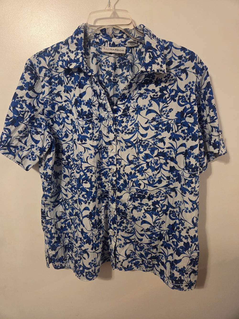 Sag Harbor Blue and White Floral Short-Sleeve Button-Down
